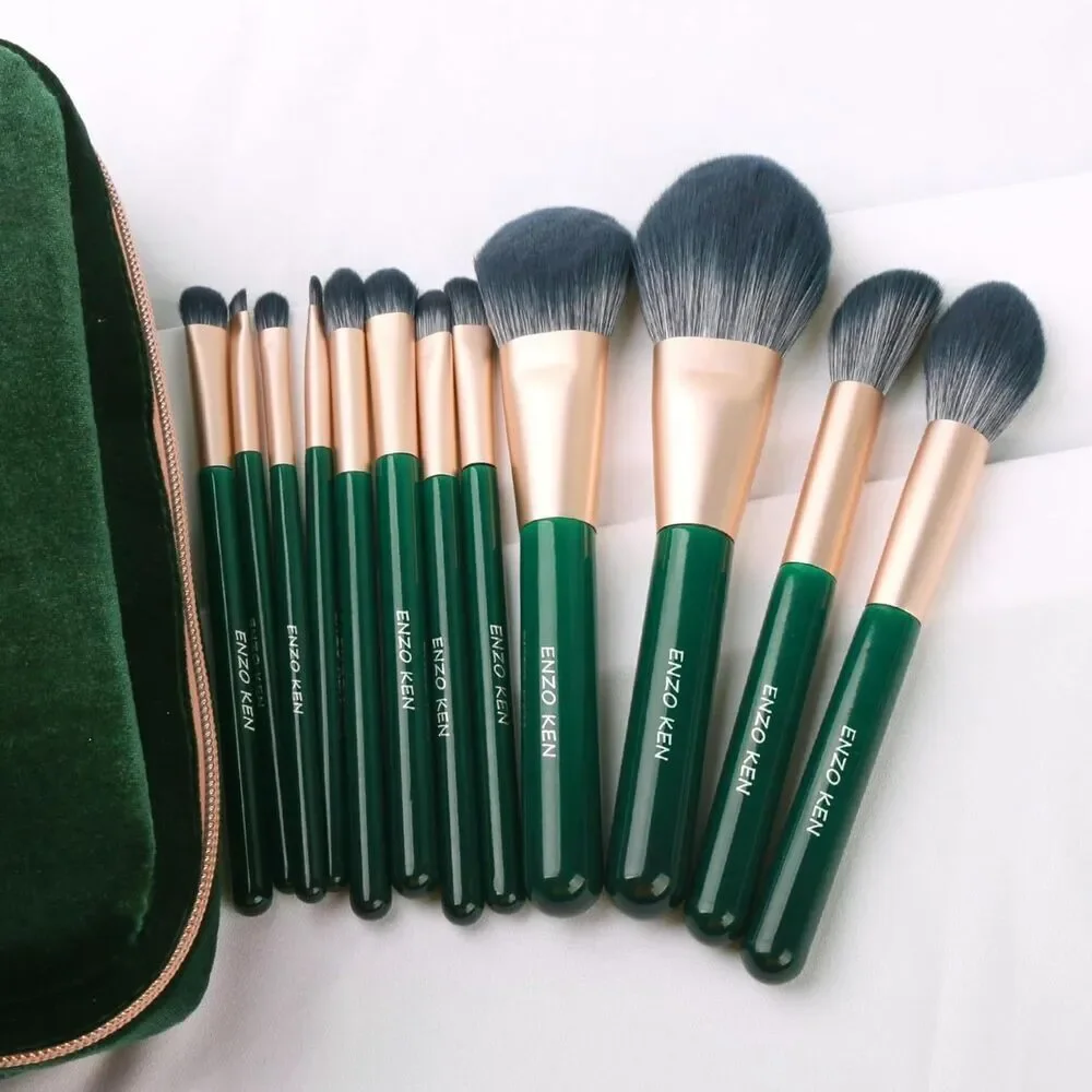 Luxury Enzo Ken 9pcs Professional Green Cosmetic Makeup Brushes Set With Case